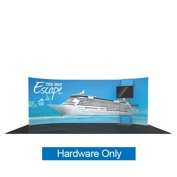 Formulate 20 WH4 20ft Horizontally Curved Fabric Display with stand-off hardware only monitor mount and side table offers a large format graphic area to get you noticed at your events! New dimension to your trade show exhibit with fabric back wall.