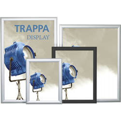 8.5"x11" Trappa Black Poster Frame features a sleek styling & precision mitered corners, Trappa poster framing system looks equally great in a corporate lobby or exhibit environment. The frame "snaps" open to change messages or graphics quickly & easily.