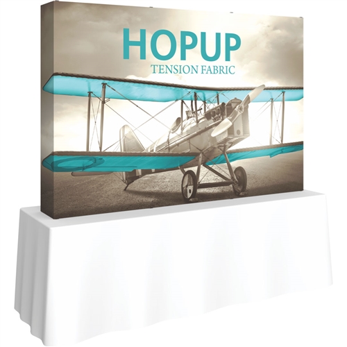 8ft Straight HopUp 3x2 Tabletop Fabric Display with Full Fitted Graphic is the instant trade show table top solution! Hopup is an all new light weight yet heavy duty frame that suspends a fabric graphic image