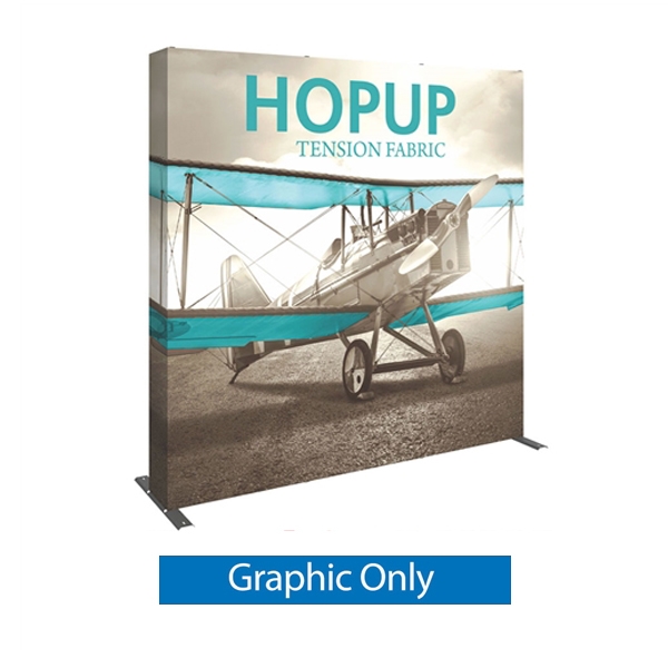 Full Fitted Graphic for 8ft Hopup Floor 3x3 Straight Exhibit. Hopup Backwall 3x3 Display is a simple yet attractive trade show floor backwall exhibit. The durable fabric graphic image stays attached to the aluminum frame for fast and efficient use