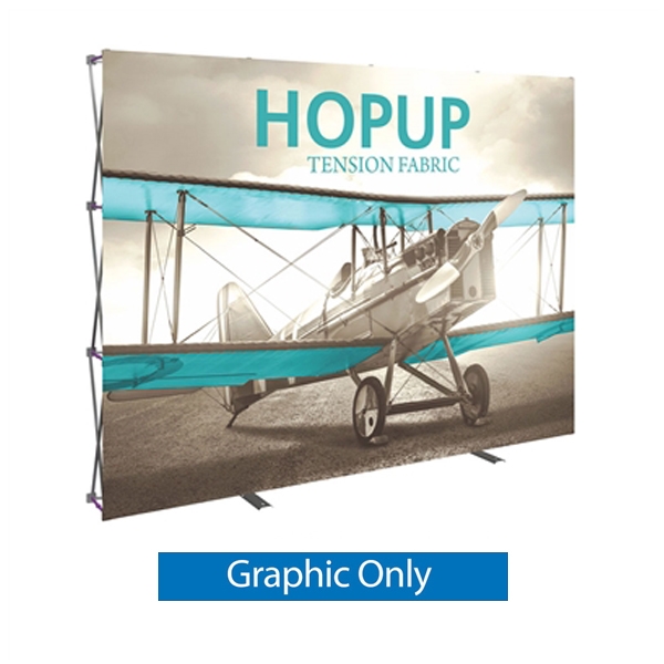 Front Graphic 10ft Hopup 4x3 Straight Fabric Display. Hopup is a lightweight, heavy duty pop up frame to support an integrated fabric tension graphic mural. HopUp Tension Fabric Displays Ideal For Trade Shows & Retail Industry