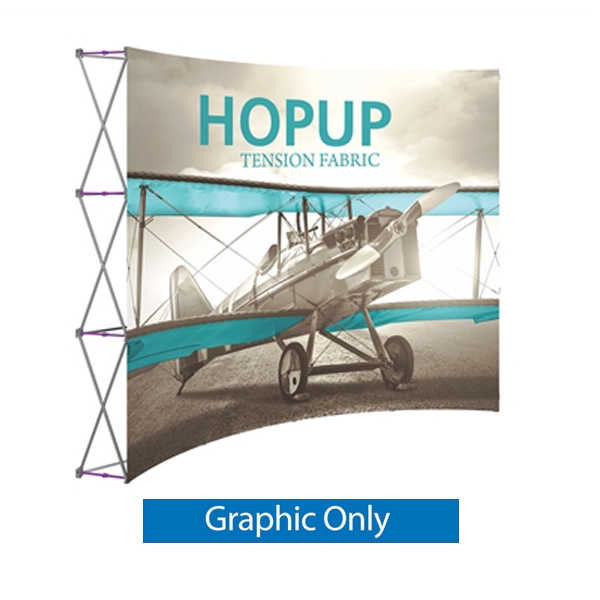 Front Graphic 10ft Hopup 4x3 Curved Fabric Display. Hopup is a lightweight, heavy duty pop up frame to support an integrated fabric tension graphic mural. HopUp Tension Fabric Displays Ideal For Trade Shows & Retail Industry