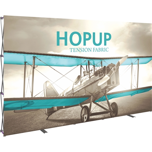 12ft Hopup Floor 5x3 Straight Fabric Display with Front Graphic is the largest among Hop Up trade displays, making it the perfect way to stand out against the competition. HopUp has a light weight, heavy duty frame that holds a fabric graphic mural