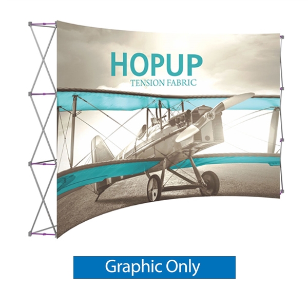 12ft Hopup 5x3 Curved Display Front Graphic Only. This Hop up is the largest among Hop Up trade displays, making it the perfect way to stand out against the competition. HopUp has a light weight, heavy duty frame that holds a fabric graphic mural