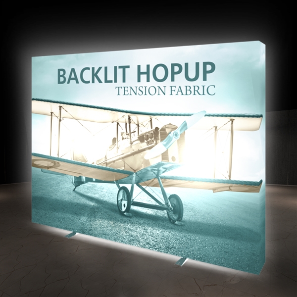 10ft x 8ft Backlit HopUp Trade Show Display  has a light weight, heavy duty frame that holds a fabric graphic mural. 10ft x 7.5ft foot backlit Hop Up display is a great upgrade to our standard Hop Up line trade show exhibits.