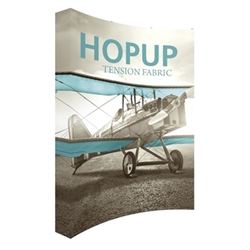 8ft Hopup 3x4 Curved Tension Fabric Display Kit with Full Fitted Graphic. Hopup is a perfect accent for trade show and event spaces of any size. A wheeled carry bag simplifies shipping and transportation.