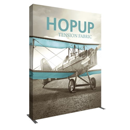 8ft Hopup 3x4 Tension Fabric Display Kit with Full Fitted Graphic. Hopup is a perfect accent for trade show and event spaces of any size. A wheeled carry bag simplifies shipping and transportation.