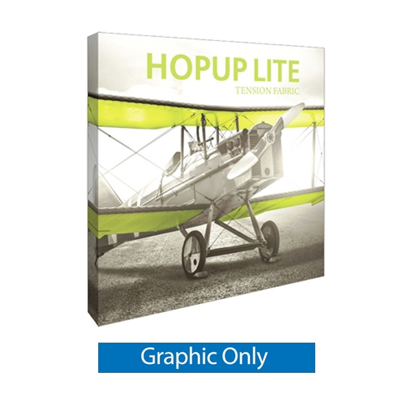 8ft x 8ft Hopup Lite 3x3 Straight Fabric Collapsible Backdrop Graphic Only (w/ Endcaps). Hopup Lite 3x3 features an economy aluminum frame and hook and loop-applied, straight fabric mural with or without endcaps.