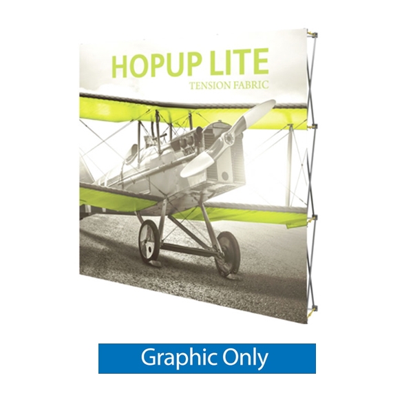 8ft x 8ft Hopup Lite 3x3 Straight Fabric Collapsible Backdrop Graphic Only (w/o Endcaps). Hopup Lite 3x3 features an economy aluminum frame and hook and loop-applied, straight fabric mural with or without endcaps.