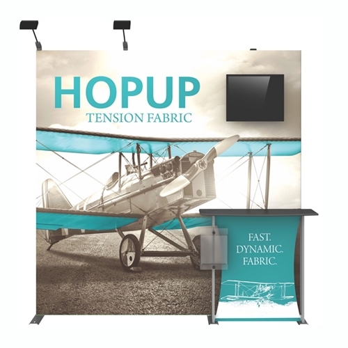 8ft Hopup 3x3 Backwall Display Dimension Kit 02 (w/ Endcaps) includes 3x3 straight hopup backwall with front graphic, stand-off counter with graphic and literature pocket holder, monitor mount and 2 lumina 200 lights, monitor mount holds up to 23in and 3