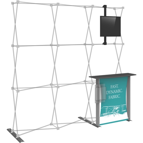 3x3 Hopup Backwall Display Dimension Accessory Kit 02 includes stand-off counter with graphic and literature pocket holder, monitor mount and 2 lumina 200 lights, monitor mount holds up to 23in and 30lbs.