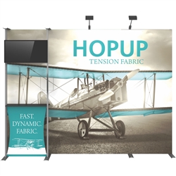 10ft Hopup 4x3 Backwall Display Dimension Kit 03 (w/o Endcaps) includes 4x3 straight hopup backwall with front graphic, stand-off counter with graphic and literature pocket holder, monitor mount and 2 lumina 200 lights, monitor mount holds up to 40in and