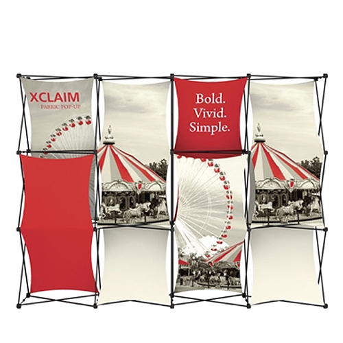 10ft Xclaim Full Height Fabric Popup Display Kit 03 with Full Fabric Graphics. Portable displays and exhibits. Several different styles are available, including pop up frames with stretch fabric or fold up panels with custom graphics.