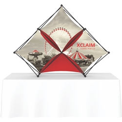8ft Xclaim Tabletop 3 Quad Pyramid Fabric Popup Display Kit 02 with Full Fabric Graphics. Portable tabletop displays and exhibits. Several different styles are available, including pop up frames with stretch fabric or fold up panels