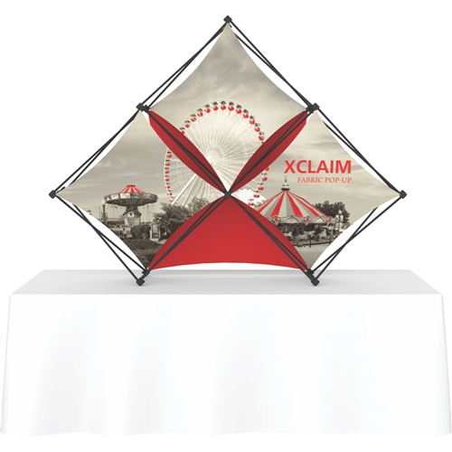 8ft Xclaim Tabletop 3 Quad Pyramid Fabric Popup Display Kit 02 with Full Fabric Graphics. Portable tabletop displays and exhibits. Several different styles are available, including pop up frames with stretch fabric or fold up panels
