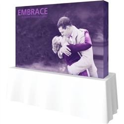 8ft Embrace Square Tabletop Push-Fit Tension Fabric Display with Full Fitted Graphic. Portable tabletop displays and exhibits. Several different styles are available, including pop up frames with stretch fabric or fold up panels with custom graphics.