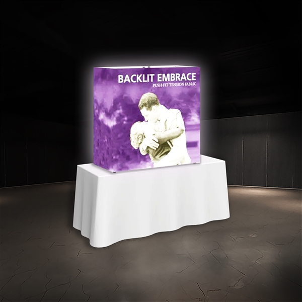 5ft Embrace Tabletop Backlit Push-Fit Display.  These illuminated backwall displays are perfect as backdrops at any marketing events, for trade show booths, retail store displays, expos, showrooms and more!