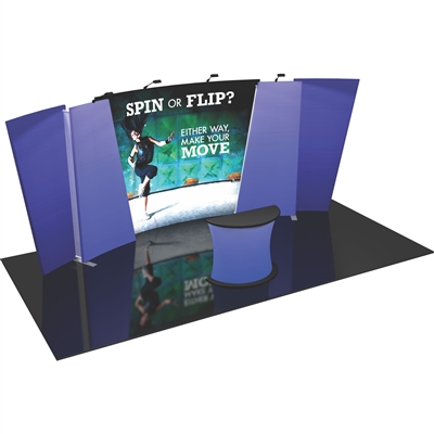 Flip 20ft Tension Fabric Display Kits. FLIP 20ft exhibits incorporate layered, staggered walls that are connected to create a unique, dimensional and versatile display. For spin option, requires
double-sided graphics