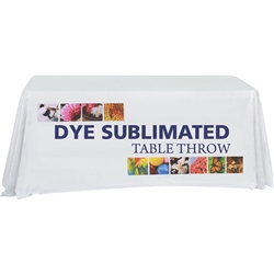 Complete your trade show or presentation with this 6ft Draped custom dye-sub printed Four Sided table throw.   All of our custom tablecloths are printed with dye-sublimation to give brilliant, rich colors that command attention. In addition the dye-sublim