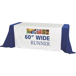 Complete your trade show or presentation with this 5ft  custom dye-sub printed table runner with open back.   All of our custom tablecloths are printed with dye-sublimation to give brilliant, rich colors that command attention. In addition the dye-sublima