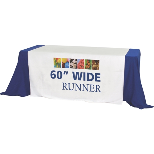 Complete your trade show or presentation with this 5ft  custom dye-sub printed table runner with open back.   All of our custom tablecloths are printed with dye-sublimation to give brilliant, rich colors that command attention. In addition the dye-sublima