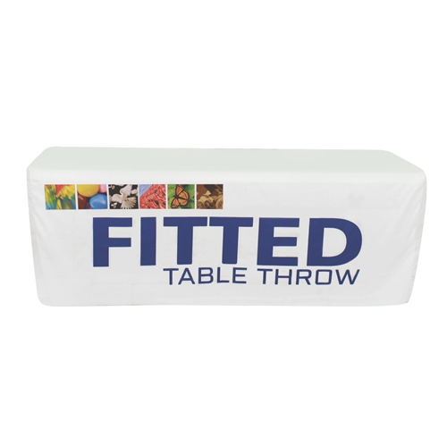 Complete your trade show or presentation with this 4ft Fitted custom dye-sub printed Four Sided table throw.   All of our custom tablecloths are printed with dye-sublimation to give brilliant, rich colors that command attention. In addition the dye-sublim
