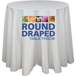 Complete your trade show or presentation with this round 30in x 30in H Draped custom dye-sub printed table throw.   All of our custom tablecloths are printed with dye-sublimation to give brilliant, rich colors that command attention. In addition the dye-s