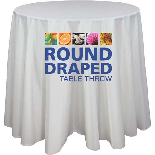 Complete your trade show or presentation with this round 30in x 42in H Draped custom dye-sub printed table throw.   All of our custom tablecloths are printed with dye-sublimation to give brilliant, rich colors that command attention. In addition the dye-s