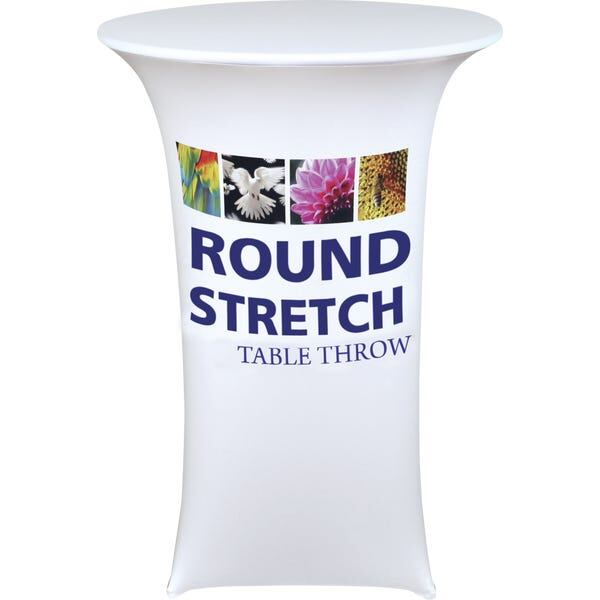 Complete your trade show or presentation with this round 30in x 42in H Stretch custom dye-sub printed table throw.   All of our custom tablecloths are printed with dye-sublimation to give brilliant, rich colors that command attention. In addition the dye-