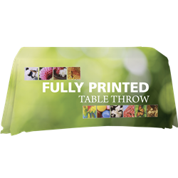 Complete your trade show or presentation with this 4ft Draped custom dye-sub printed Four Sided table throw.   All of our custom tablecloths are printed with dye-sublimation to give brilliant, rich colors that command attention. In addition the dye-sublim