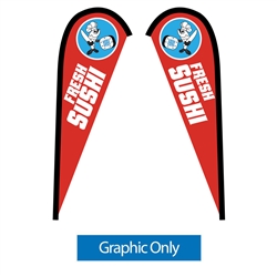 Outdoor promotional flags get your message noticed!  Custom printed 7.5ft Sunbrid double-sided Teardrop outdoor flags are perfect for retail stores, car dealerships, fairs, expos, trade shows and more to grab customer attention.