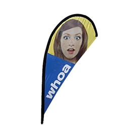 Outdoor promotional flags get your message noticed!  Custom printed 8.2ft  single-sided Teardrop outdoor flags are perfect for retail stores, car dealerships, fairs, expos, trade shows and more to grab customer attention.