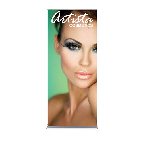 36in x 84in Silver SilverStep Retractable Banner Stand Vinyl Banner Package. Huge assortment of retractable bannerstands. Silverstep retractable telescoping trade show banner stand display is a marketing solution for your next promotion or trade show even