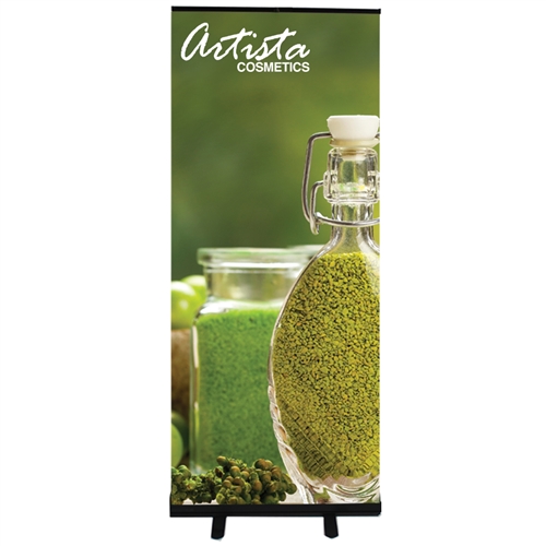 33.5in x 80in Econoroll Retractable Banner Stand Black Graphic Package is a great way to market your company and showcase your products. This double sided retractable banner stand comes in 33.5in widths and displays two banners back to back.