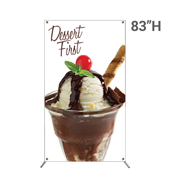 48in x 83in Grasshopper Banner Stand Large w/ Banner allows your customers to quickly set up their graphics. Simply unfold the Banner Stand display and attach a grommeted graphic. Allows for an upscale wood look for a lower cost.