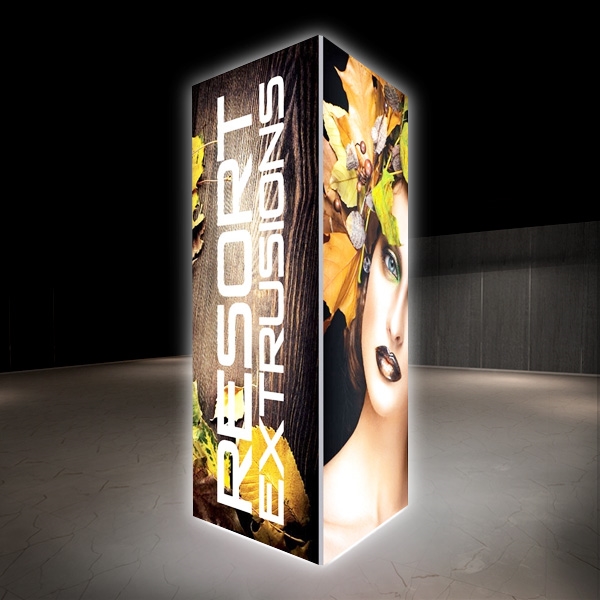 Backlit Big Sky Towers are professional displays that draw eyes to your trades show booth. These backlit illuminated fabric towers are constructed of aluminum extrusions designed to hold SEG graphics. Feature easy assembly and come packed in a hard molded