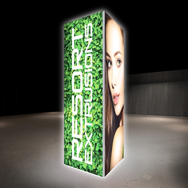 Backlit Big Sky Towers are professional displays that draw eyes to your trades show booth. These backlit illuminated fabric towers are constructed of aluminum extrusions designed to hold SEG graphics. Feature easy assembly and come packed in a hard molded