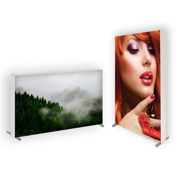 This 3ft x 2ft free-standing VAIL 120D SEG frame comes with double-sided graphics. Perfect for trade shows, conventions, retail stores, restaurants, art galleries, grand openings, offices, showrooms & more!  Dye-sub printed on stretch fabric.