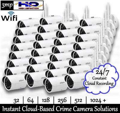 Complete package featuring 32 pre-programmed 3mp WiFi Day/Night Loaner Crime Cameras and 1 year managed Project NOLA Cloud Service with tech support to quickly and inexpensively implement a live-monitorable community crime camera system virtually anywhere