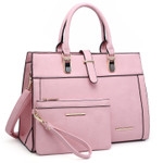 Dasein Faux Leather Satchel with flap-over belted strap and with Matching Wristlet