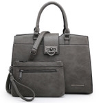 Dasein Faux Leather Satchel with decorative front flip belt closure and with Matching Wristlet