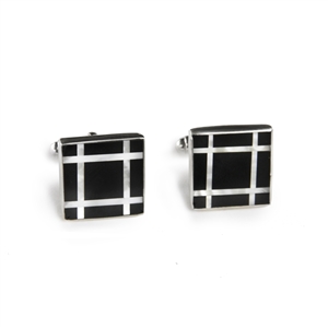 Square Sterling Silver Black Onyx Grid Inlay Cufflinks