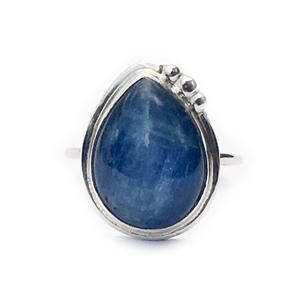 A bezel set ring with a framed teardrop shaped gemstone. Each stone is 16mm (1/2 inch). Shown in kyanite. by Great Falls Jewelry
