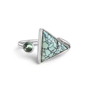Adjustable sterling silver ring with turquoise and green tourmaline.