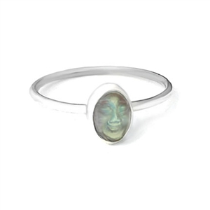 Sterling silver stacking ring with carved spectrolite moon face.