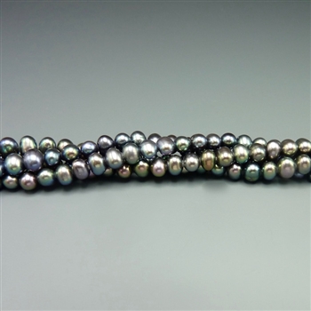 3.5-4mm round peacock blue fresh water pearls, one 16" strand