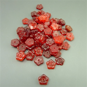 Vintage Czech Glass Flower Beads, tranparent red