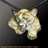 Cougar Pendant "Shadow Cat" by wildlife artist jeweler Daniel C. Toledo, Toledo Wildlife Works of Art.  Rhodium and 22k gold plated over sterling silver, black enamel, peridot eyes.  Limited edition of 250