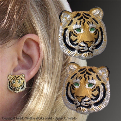 Tiger Earrings "A Royal Pair" by wildlife artist and jeweler Daniel C. Toledo, Toledo Wildlife Works of Art