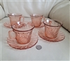 Pink glass teacups and saucers Arcoroc France